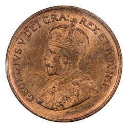 Obverse of a Canada 1934 1 Small Cent coin (ICCS MS-64 Red, SKU: XBR 547), featuring the crowned profile portrait of King George V facing left in coronation robes, surrounded by GEORGIVS V DEI GRA: REX ET IND: IMP:.