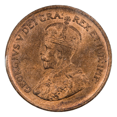 Obverse of a Canada 1934 1 Small Cent coin (ICCS MS-64 Red, SKU: XBR 547), featuring the crowned profile portrait of King George V facing left in coronation robes, surrounded by GEORGIVS V DEI GRA: REX ET IND: IMP:.