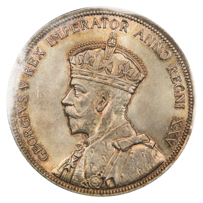 Obverse of a Canada 1935 Double Voyager 1 Dollar silver coin (ICCS MS-65, SKU: XXV 906), featuring the crowned profile portrait of King George V facing left in coronation robes, surrounded by GEORGIVS V DEI GRA: REX ET IND: IMP:.