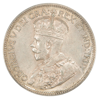 Obverse of a Canada 1936 25 Cents Quarter silver coin (PCGS AU-58, SKU: 10154417), featuring the crowned profile portrait of King George V facing left in coronation robes, surrounded by GEORGIVS V DEI GRA: REX ET IND: IMP:.