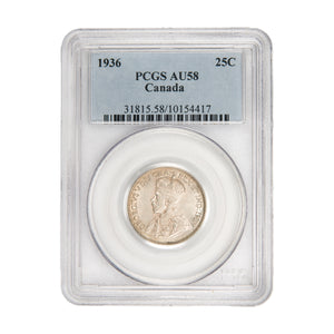 Canada 1936 25 Cents Quarter Silver Coin - PCGS AU-58