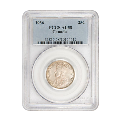 Front of PCGS protective slab encapsulation holder for a Canada 1936 25 Cents Quarter silver coin (Grade AU-58, SKU: 10154417), displaying the official PCGS certification label with PCGS logo, grade, coin description, and barcode above the coin.