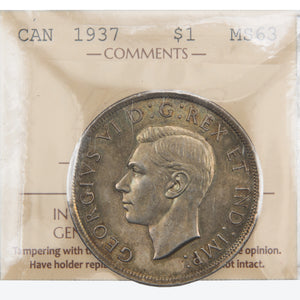 Canada 1937 $1 Silver Dollar Coin - ICCS MS-63