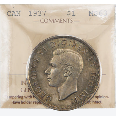 Front of ICCS protective flip holder for a Canada 1937 1 Dollar silver coin (Grade MS-63, SKU: XZV 736), displaying the official ICCS certification insert with grade and serial number above the coin.