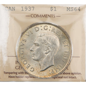Canada 1937 $1 Silver Dollar Coin - ICCS MS-64