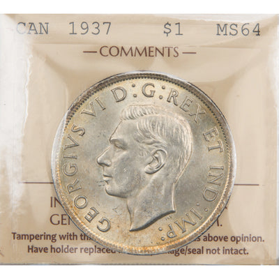 Front of ICCS protective flip holder for a Canada 1937 1 Dollar silver coin (Grade MS-64, SKU: XXV 914), displaying the official ICCS certification insert with grade and serial number above the coin.