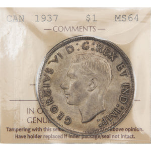 Canada 1937 $1 Silver Dollar Coin - ICCS MS-64