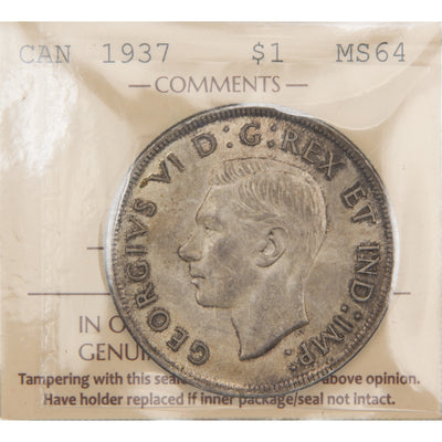 Front of ICCS protective flip holder for a Canada 1937 1 Dollar silver coin (Grade MS-64, SKU: XXV 957), displaying the official ICCS certification insert with grade and serial number above the coin.