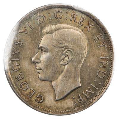 Obverse of a Canada 1937 1 Dollar silver coin (ICCS MS-63, SKU: XZV 736), featuring the uncrowned profile portrait of King George VI facing left, surrounded by GEORGIUS VI DEI GRATIA REX ET IND: IMP:.