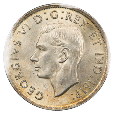 Obverse of a Canada 1937 1 Dollar silver coin (ICCS MS-64, SKU: XXV 914), featuring the uncrowned profile portrait of King George VI facing left, surrounded by GEORGIUS VI DEI GRATIA REX ET IND: IMP:.
