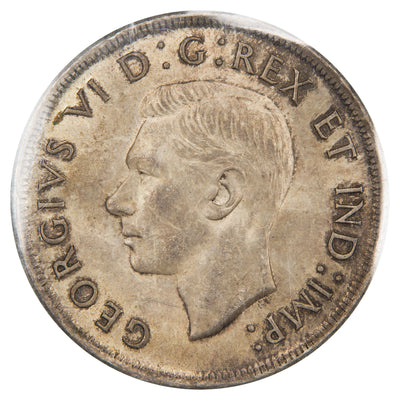 Obverse of a Canada 1937 1 Dollar silver coin (ICCS MS-64, SKU: XXV 957), featuring the uncrowned profile portrait of King George VI facing left, surrounded by GEORGIUS VI DEI GRATIA REX ET IND: IMP:.
