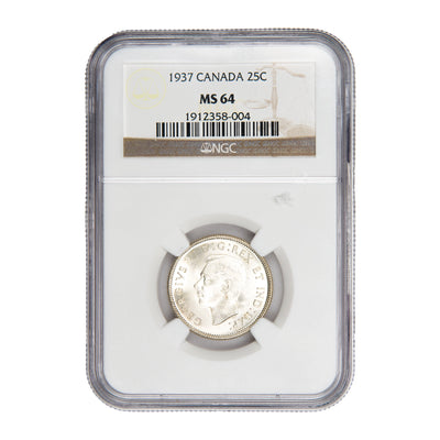 Front of NGC protective slab encapsulation holder for a Canada 1937 25 Cents Quarter silver coin (Grade MS-64, SKU: 1912358-004), displaying the official NGC certification label with grade, coin description, and barcode above the coin.