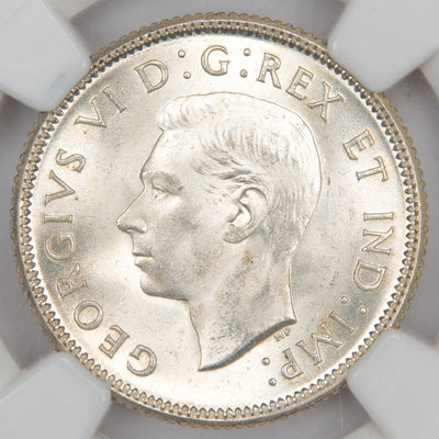Obverse of a Canada 1937 25 Cents Quarter silver coin (NGC MS-64, SKU: 1912358-004), featuring the uncrowned profile portrait of King George VI facing left, surrounded by GEORGIUS VI DEI GRATIA REX ET IND: IMP:.