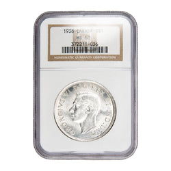 Front of NGC protective slab encapsulation holder for a Canada 1938 $1 Silver Dollar coin (Grade MS-62, SKU: 372211-036), displaying the official NGC certification label with grade, description, and barcode above the coin.
