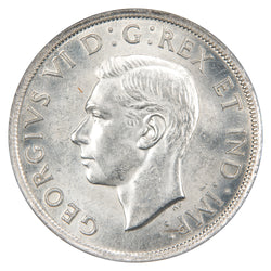 Obverse of a Canada 1938 $1 Silver Dollar coin (NGC MS-62, SKU: 372211-036), featuring the uncrowned profile portrait of King George VI facing left, surrounded by GEORGIUS VI DEI GRATIA REX ET IND: IMP:.