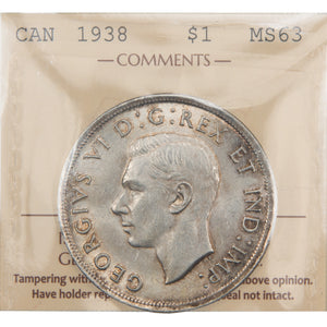 Canada 1938 $1 Silver Dollar Coin - ICCS MS-63