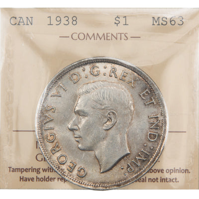 Front of ICCS protective flip holder for a Canada 1938 1 Dollar silver coin (Grade MS-63, SKU: XXV 913), displaying the official ICCS certification insert with grade and serial number above the coin.
