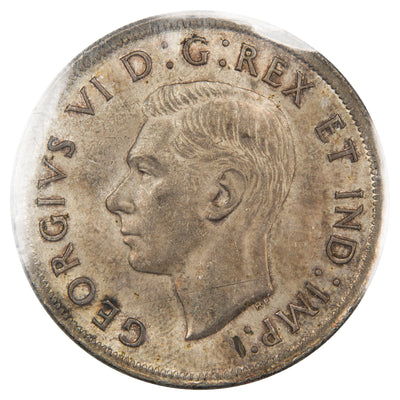 Obverse of a Canada 1938 1 Dollar silver coin (ICCS AU-55, SKU: XZV 735), featuring the uncrowned profile portrait of King George VI facing left, surrounded by GEORGIUS VI DEI GRATIA REX ET IND: IMP:.