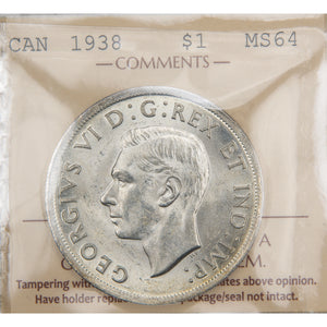 Canada 1938 $1 Silver Dollar Coin - ICCS MS-64