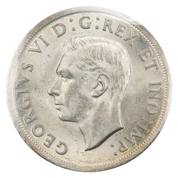 Obverse of a Canada 1938 $1 Silver Dollar coin (ICCS MS-64, SKU: XYH 092), featuring the uncrowned profile portrait of King George VI facing left, surrounded by the outer legend GEORGIUS VI DEI GRATIA REX ET IND: IMP:.