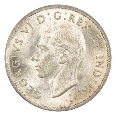 Obverse of a Canada 1938 25 Cents Quarter silver coin (PCGS MS-64, SKU: 14842358), featuring the uncrowned profile portrait of King George VI facing left, surrounded by GEORGIUS VI DEI GRATIA REX ET IND: IMP:.