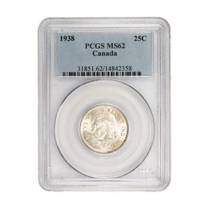 Canada 1938 25 Cents Quarter Silver Coin - PCGS MS-64