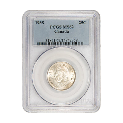 Front of PCGS protective slab encapsulation holder for a Canada 1938 25 Cents Quarter silver coin (Grade MS-64, SKU: 14842358), displaying the official PCGS certification label with PCGS logo, grade, coin description, and barcode above the coin.