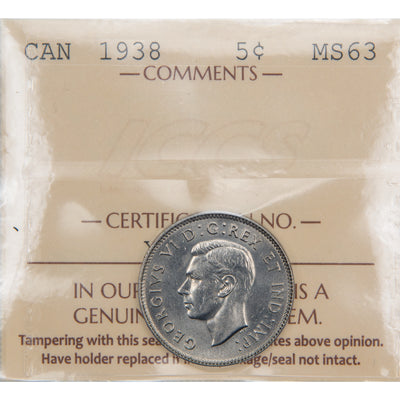 Front of ICCS protective slab encapsulation holder for a Canada 1938 5 Cents Nickel coin (Grade MS-63, SKU: XZV 754), displaying the official ICCS yellow certification insert label with grade, serial number, and certification details above the coin.