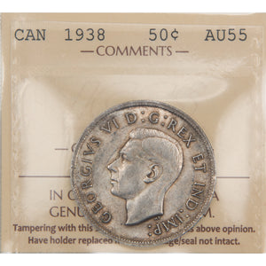 Canada 1938 50 Cents Half Dollar Silver Coin - ICCS AU-55