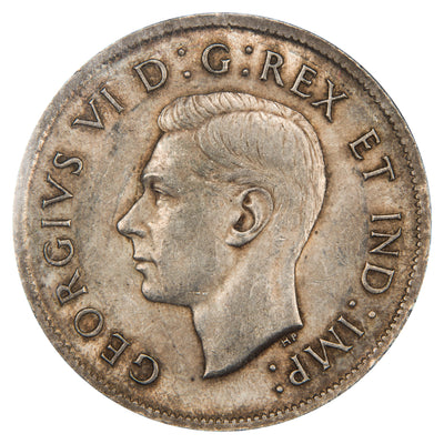 Obverse of a Canada 1938 50 Cents silver half dollar coin (ICCS AU-55, SKU: XGS 834), featuring the uncrowned profile portrait of King George VI facing left, surrounded by GEORGIUS VI DEI GRATIA REX ET IND: IMP:.