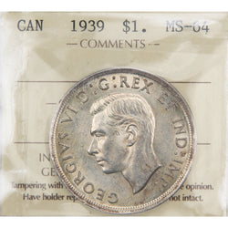 Front of ICCS protective flip holder for a Canada 1939 1 Dollar silver coin (Grade MS-64, SKU: XPI 596), displaying the official ICCS certification insert with grade and serial number above the coin.