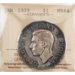 Front of ICCS protective flip holder for a Canada 1939 1 Dollar silver coin (Grade MS-64, SKU: XYP 713), displaying the official ICCS certification insert with grade and serial number above the coin.