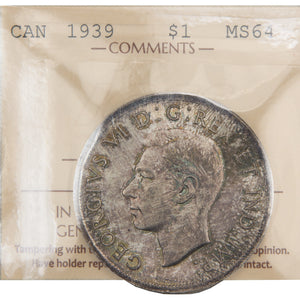 Canada 1939 $1 Silver Dollar Coin - ICCS MS-64