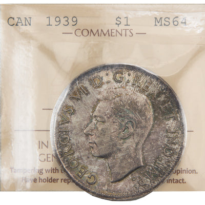 Front of ICCS protective flip holder for a Canada 1939 1 Dollar silver coin (Grade MS-64, SKU: XZV 741), displaying the official ICCS certification insert with grade and serial number above the coin