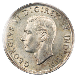 Obverse of a Canada 1939 1 Dollar silver coin (ICCS MS-64, SKU: XPI 596), featuring the uncrowned profile portrait of King George VI facing left, surrounded by GEORGIUS VI DEI GRATIA REX ET IND: IMP:.