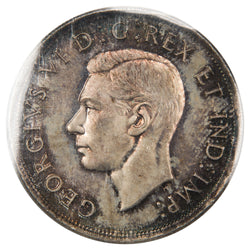 Obverse of a Canada 1939 1 Dollar silver coin (ICCS MS-64, SKU: XYP 713), featuring the uncrowned profile portrait of King George VI facing left, surrounded by GEORGIUS VI DEI GRATIA REX ET IND: IMP:.