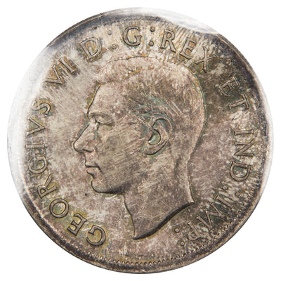 Obverse of a Canada 1939 1 Dollar silver coin (ICCS MS-64, SKU: XZV 741), featuring the uncrowned profile portrait of King George VI facing left, surrounded by GEORGIUS VI DEI GRATIA REX ET IND: IMP:.