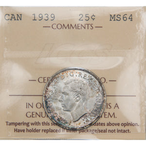 Canada 1939 25 Cents Quarter Silver Coin - ICCS MS-64