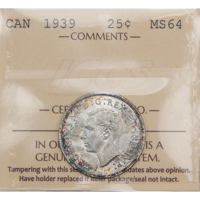 Front of ICCS protective slab encapsulation holder for a Canada 1939 25 Cents Quarter Silver coin (Grade MS-64, SKU: XYH 058), displaying the official ICCS yellow certification insert label with grade, serial number, and certification details above the coin.