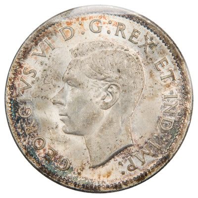 Obverse of a Canada 1939 25 Cents Quarter Silver coin (ICCS MS-64, SKU: XYH 058), featuring the crowned profile portrait of King George VI facing left, surrounded by GEORGIUS VI D: G: REX ET IND: IMP:.