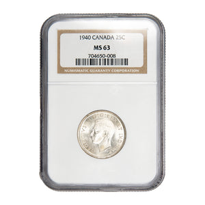 Canada 1940 25 Cents Quarter Silver Coin - NGC MS-63