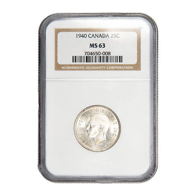 Front of NGC protective slab encapsulation holder for a Canada 1940 25 Cents Quarter silver coin (Grade MS-63, SKU: 704650-008), displaying the official NGC certification label with grade, coin description, and barcode above the coin.