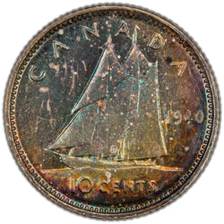 Reverse of a Canada 1940 10 Cents silver coin (SKU: SP2850) in Uncirculated condition featuring vibrant toning, displaying Emanuel Hahn's design of the Bluenose fishing schooner sailing left, flanked by the date 1940 with 10 CENTS and CANADA above.