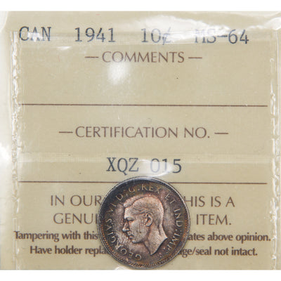 Front of ICCS protective flip holder for a Canada 1941 10 Cents silver dime coin (Grade MS-64, SKU: XQZ 015), displaying the official ICCS certification insert with grade and serial number above the coin.
