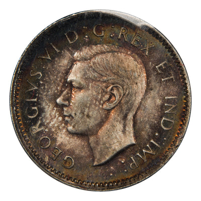 Obverse of a Canada 1941 10 Cents silver dime coin (ICCS MS-64, SKU: XQZ 015), featuring the uncrowned profile portrait of King George VI facing left, surrounded by GEORGIUS VI DEI GRATIA REX ET IND: IMP:.