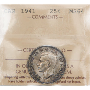Canada 1941 25 Cents Quarter Silver Coin - ICCS MS-64