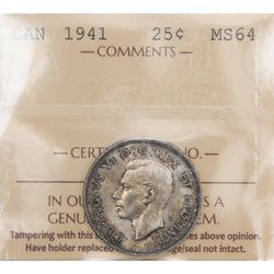 Front of ICCS protective flip holder for a Canada 1941 25 Cents silver quarter coin (Grade MS-64, SKU: XLI 414), displaying the official ICCS certification insert with grade and serial number above the coin.