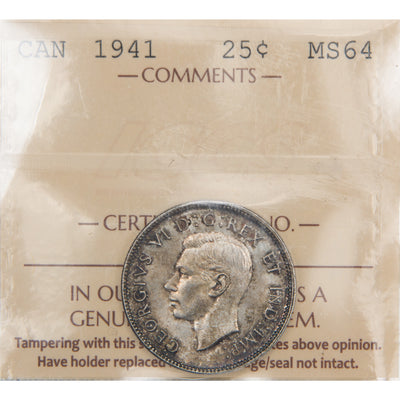 Front of ICCS protective flip holder for a Canada 1941 25 Cents silver quarter coin (Grade MS-64, SKU: XLI 414), displaying the official ICCS certification insert with grade and serial number above the coin.