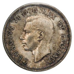 Obverse of a Canada 1941 25 Cents silver quarter coin (ICCS MS-64, SKU: XLI 414), featuring the uncrowned profile portrait of King George VI facing left, surrounded by GEORGIUS VI DEI GRATIA REX ET IND: IMP:.