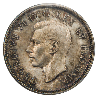 Obverse of a Canada 1941 25 Cents silver quarter coin (ICCS MS-64, SKU: XLI 414), featuring the uncrowned profile portrait of King George VI facing left, surrounded by GEORGIUS VI DEI GRATIA REX ET IND: IMP:.